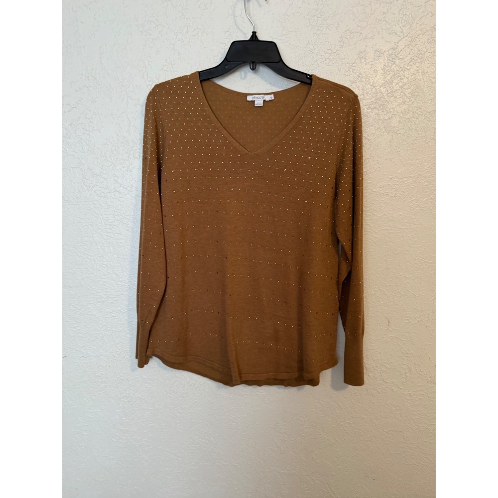 Chicos Studded V-Neck Sweater Brown Gold Embellished Long Sleeve Size 1 M